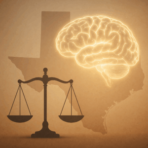 Conceptual image of a glowing brain shape over a soft Texas silhouette with legal scales in the foreground.
