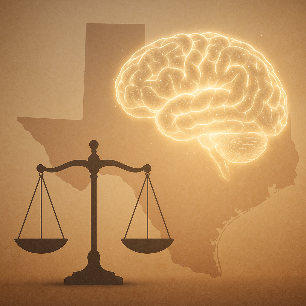Conceptual image of a glowing brain shape over a soft Texas silhouette with legal scales in the foreground.