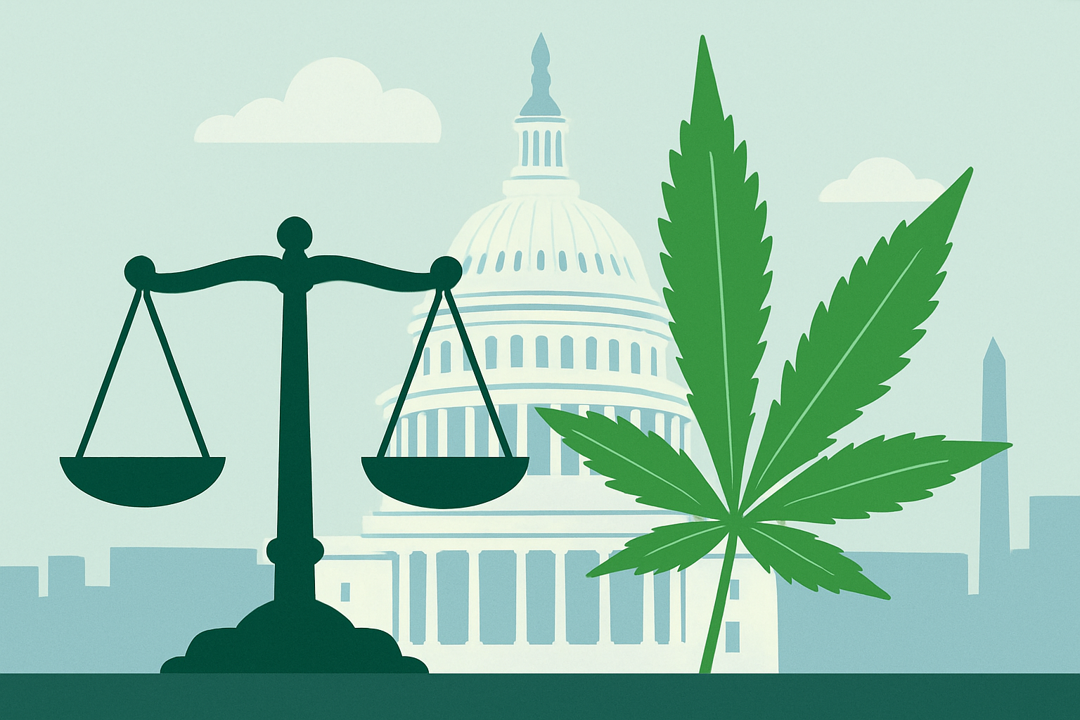 Minimalist illustration of the U.S. Capitol with a cannabis leaf and scales of justice.