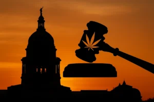 Texas Capitol silhouette with scales of justice and a cannabis leaf at sunset.