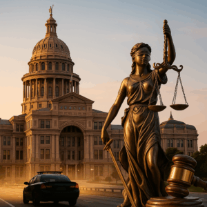 Texas Capitol with Lady Justice, a patrol car, and a highway at sunset.