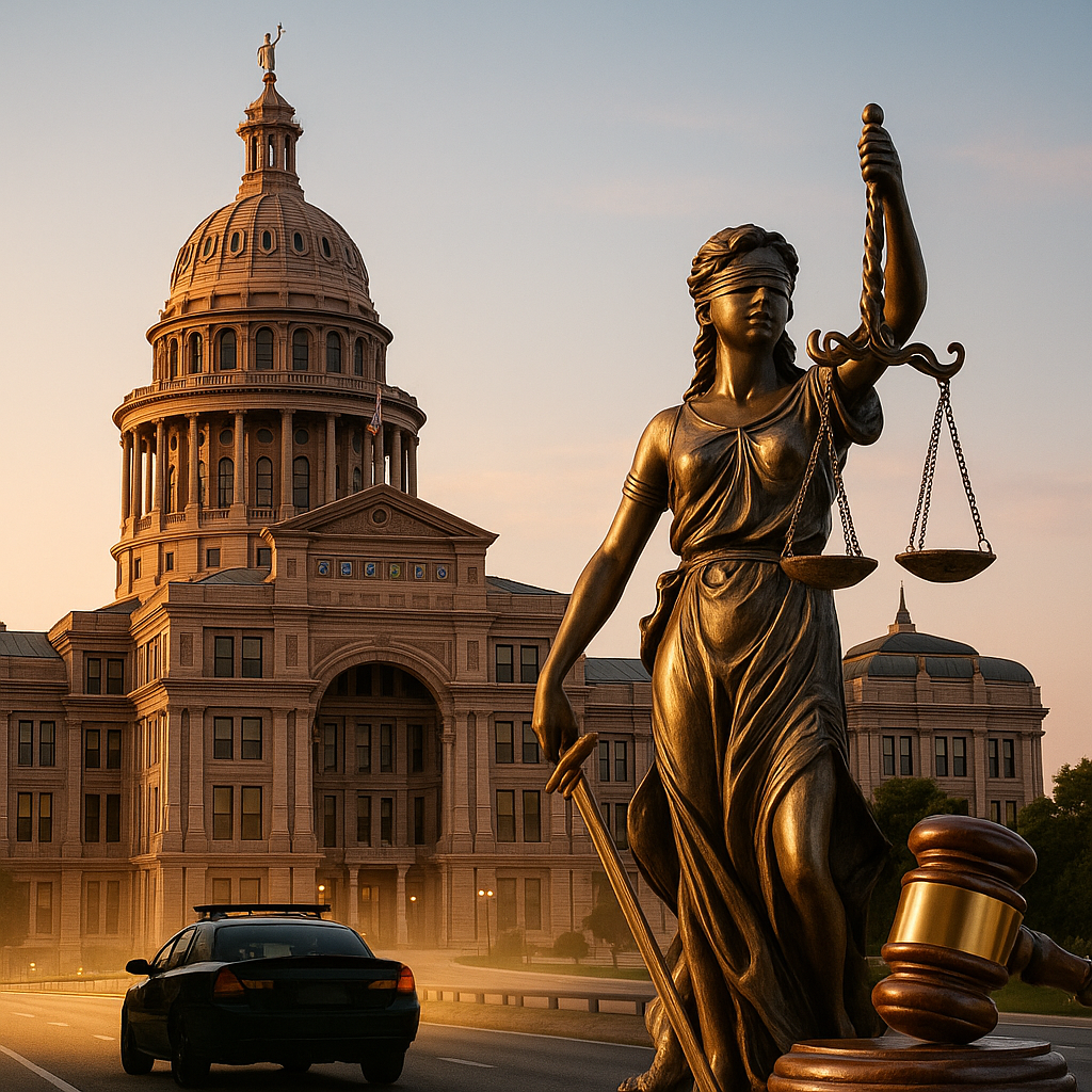 Texas Capitol with Lady Justice, a patrol car, and a highway at sunset.