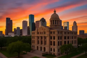 Houston skyline at sunset with a Texas courthouse in the foreground.