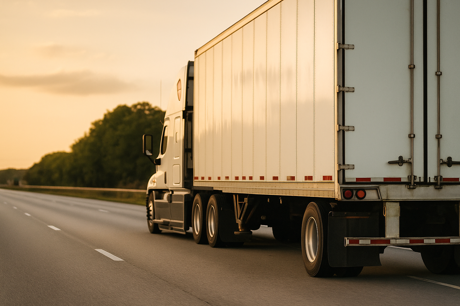 White semi truck driving on a Texas highway at sunrise.