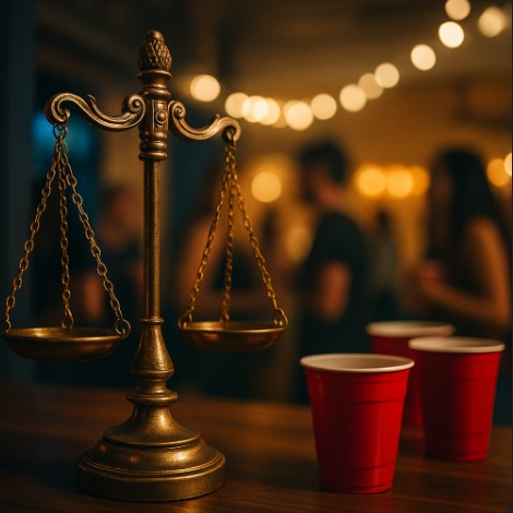 Brass courtroom scales in focus with blurred party cups in the background.