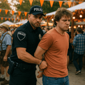 Police officer calmly detaining a man at a crowded fall festival on Galveston’s Strand, with lights and autumn decor in the background