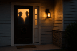 Warm porch light glows on a front door at dusk while two law-enforcement silhouettes appear behind the frosted glass.