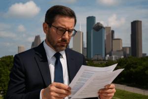 Attorney in a navy suit and glasses reviews legal documents outdoors with the Houston skyline in the background on a clear day, symbolizing legal analysis and professionalism