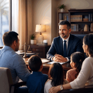 Immigration attorney meeting with a family in a Galveston law office during a consultation.