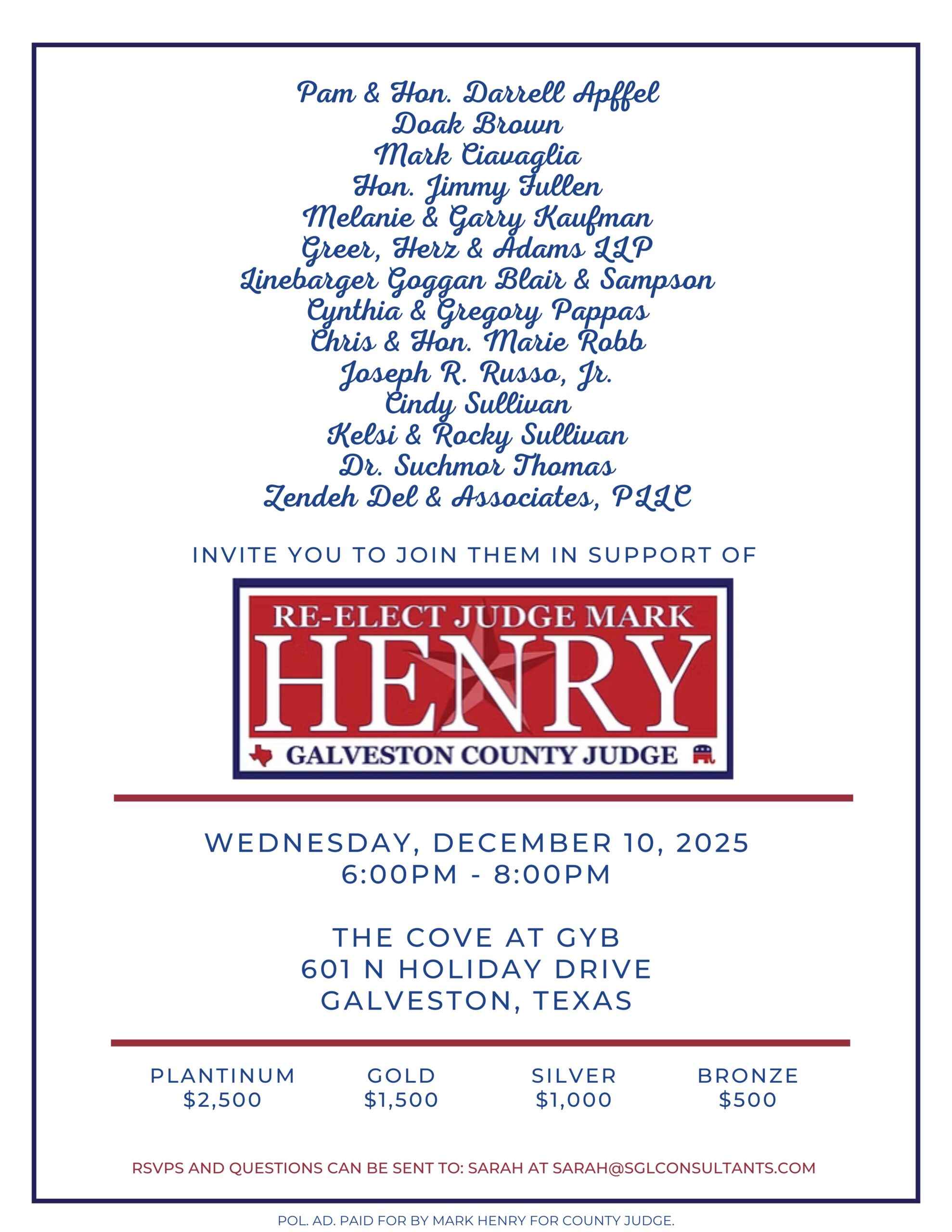 Friends and Clients: Join Us in Supporting County Judge Mark Henry on December 10