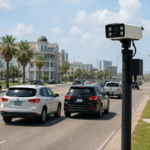 Texas police officer near a patrol vehicle and roadside license plate reader camera, illustrating Flock camera surveillance and privacy concerns in Texas.