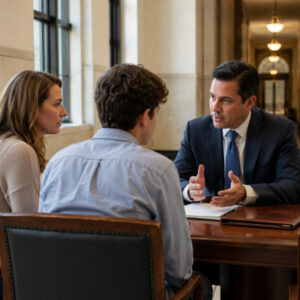 Juvenile defense attorney meeting with a teenager and parent in a courthouse office to discuss a Texas juvenile case.