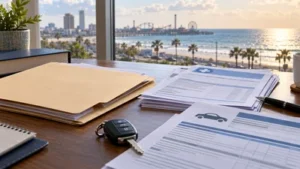 Car insurance documents and medical bills on a desk overlooking Galveston, Texas.