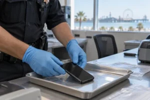 A smartphone sits on an evidence tray while a gloved investigator handles it in a bright Galveston-area law enforcement office.