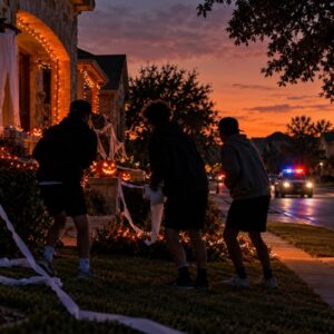 Texas neighborhood Halloween prank scene with police approaching near decorated homes.