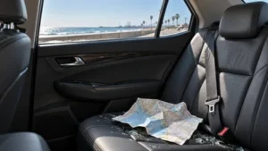 The rear passenger seat of a car overlooks a Texas coastal road.