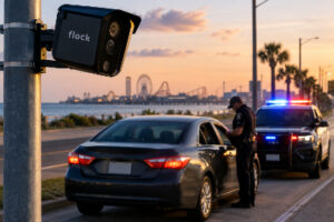 Flock license plate reader camera overlooking a Galveston traffic stop with a police officer, sedan, and patrol vehicle near the waterfront.