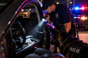 Police officer and K9 searching a vehicle during a nighttime marijuana investigation in Texas