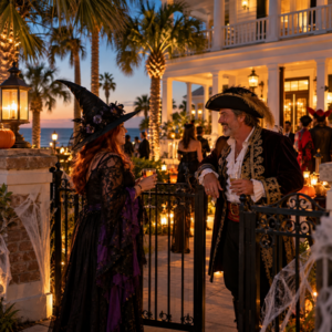 Costumed guests near a gated Halloween party entrance in Galveston, Texas